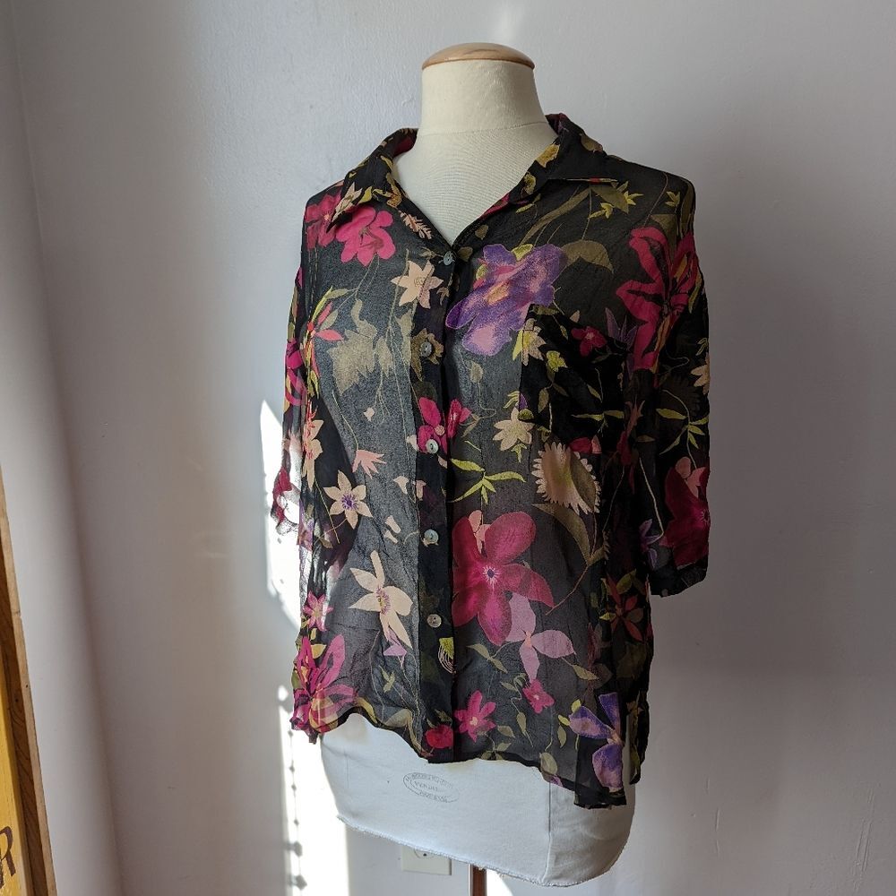 Vintage Sheer Floral Silk Button Down Size S